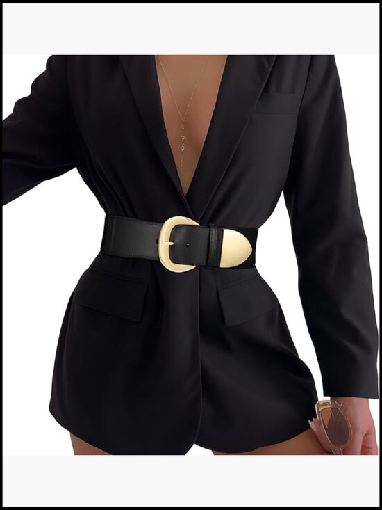 Wide Elastic Belt with Gold Buckle for Dresses and Skirts